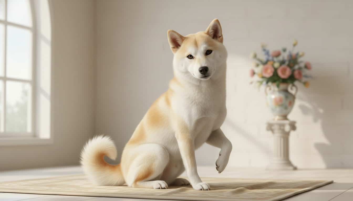 A cream Shiba Inu with a soft ivory coat and apricot highlights, captured in a gentle, elegant pose that highlights its subtle and ethereal beauty.