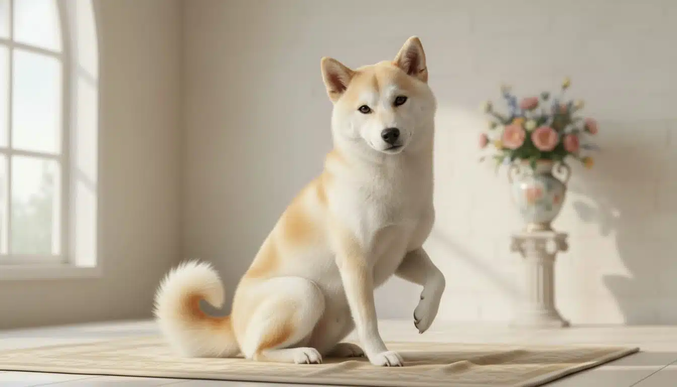 A cream Shiba Inu with a soft ivory coat and apricot highlights, captured in a gentle, elegant pose that highlights its subtle and ethereal beauty.