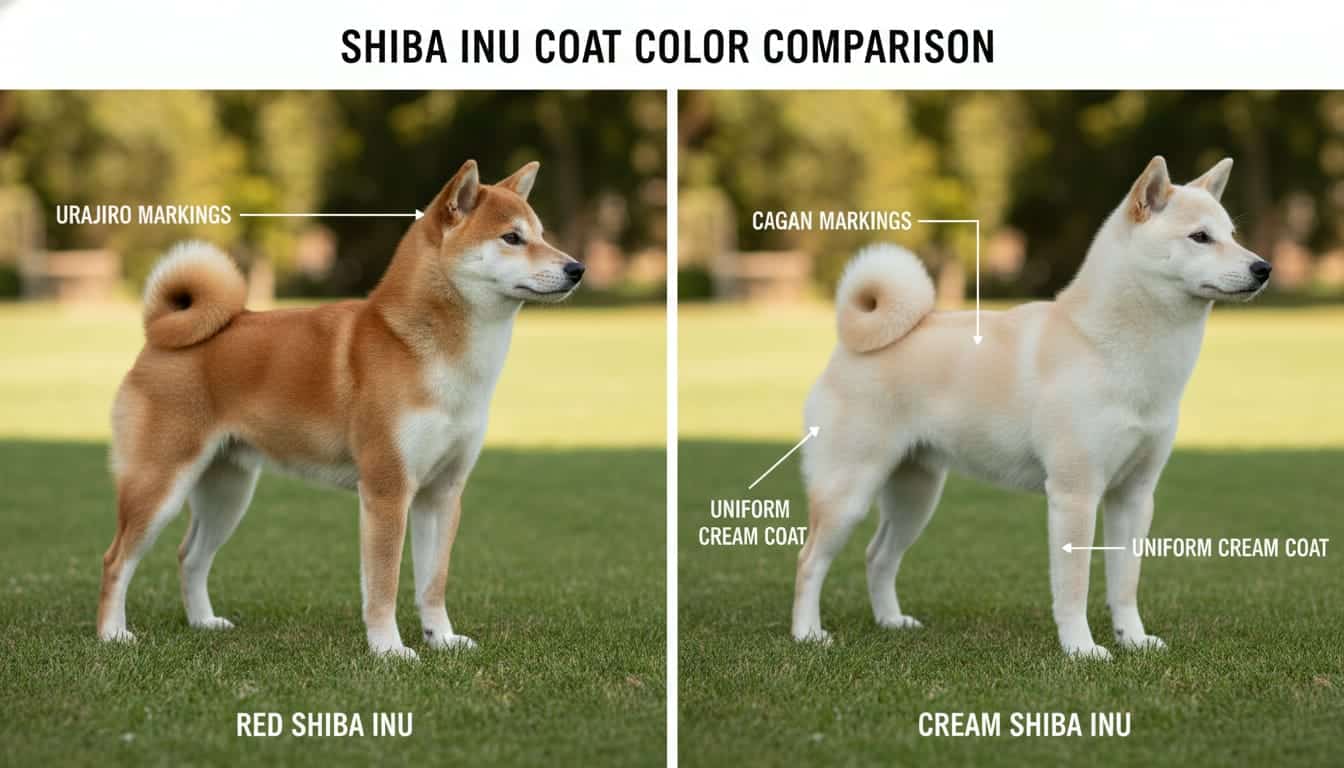 A side-by-side visual comparison of a red Shiba Inu and a cream Shiba Inu, emphasizing differences in coat color, urajiro markings, and overall appearance, perhaps with labeled features.