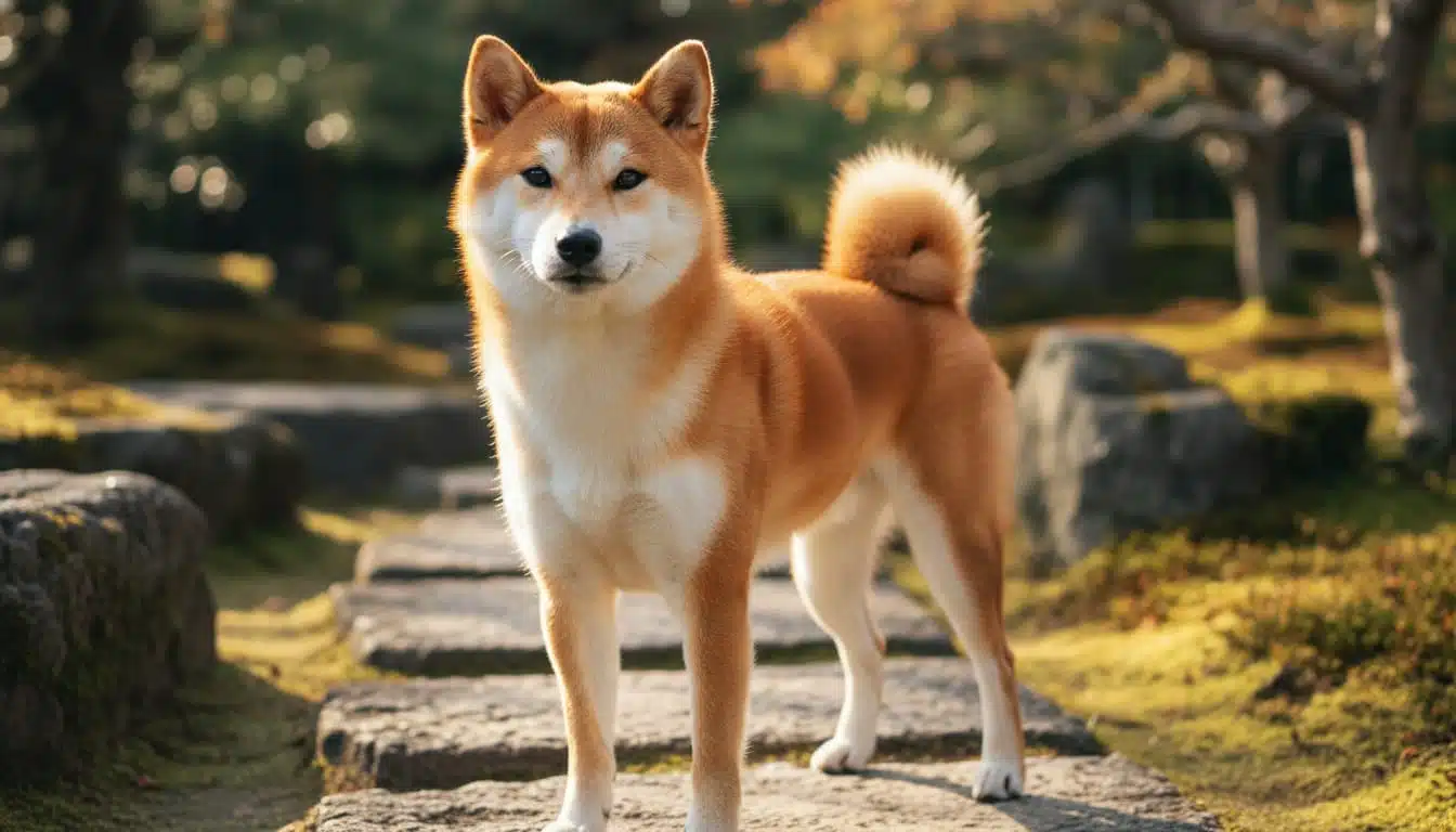 A vibrant red Shiba Inu standing proudly outdoors, showcasing its glowing ember-like coat with distinct urajiro white markings on cheeks, neck, belly, and chest.