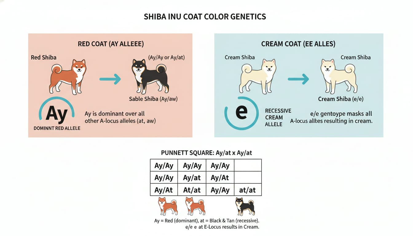 An illustrative genetic diagram or infographic showing the genes responsible for red (ay allele) and cream (ee alleles) Shiba Inu coat colors, highlighting dominant and recessive traits.