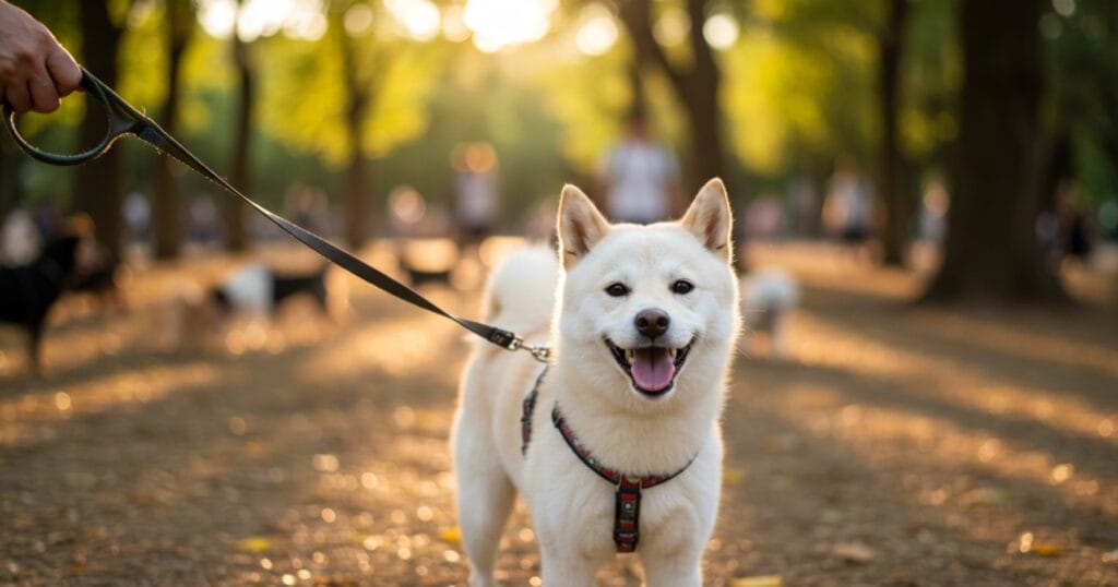 walk  White Shiba Inu puppy in dog park